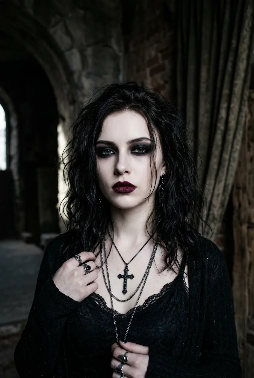 Dramatic dark romantic grunge makeup with pale porcelain skin and deep wine colored lips