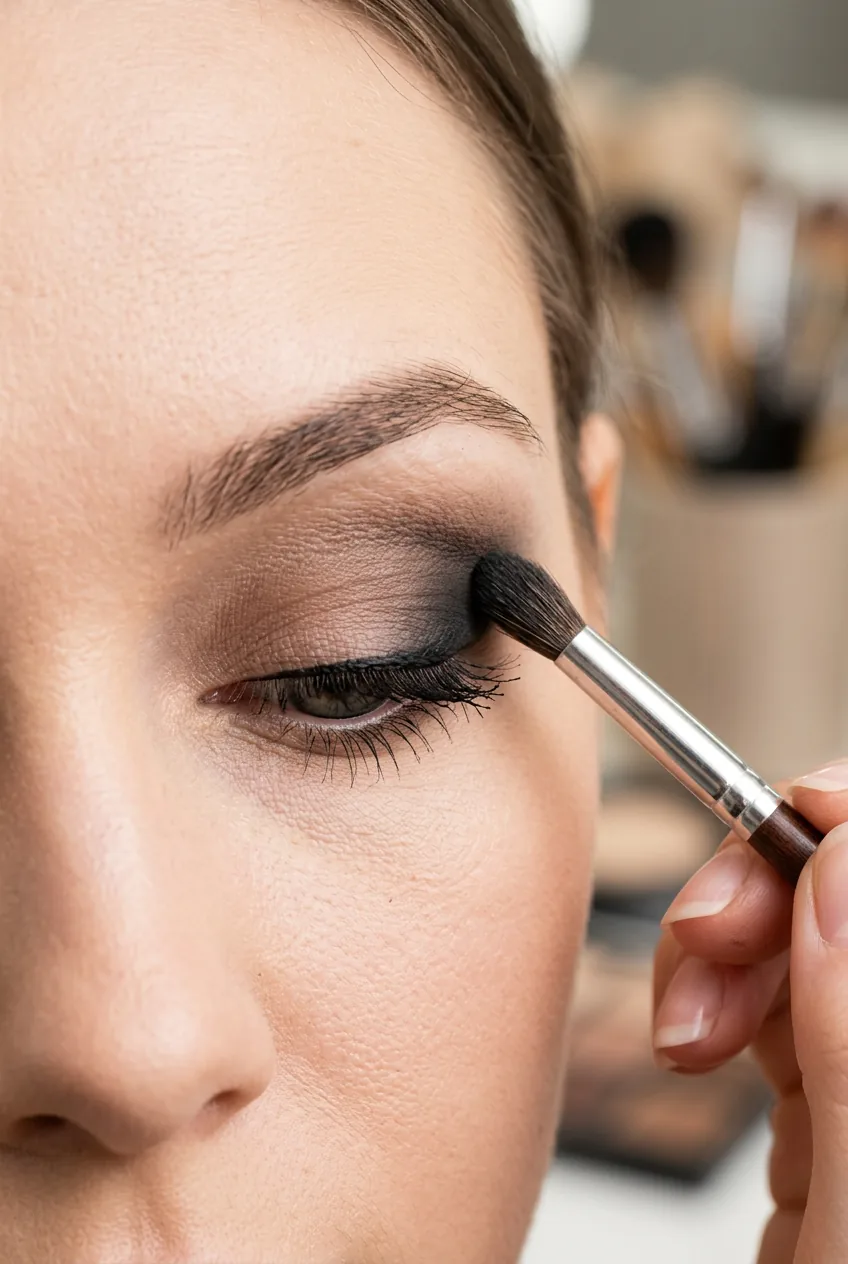 Small brush placing dark eyeshadow in outer V corner of eye creating dramatic definition