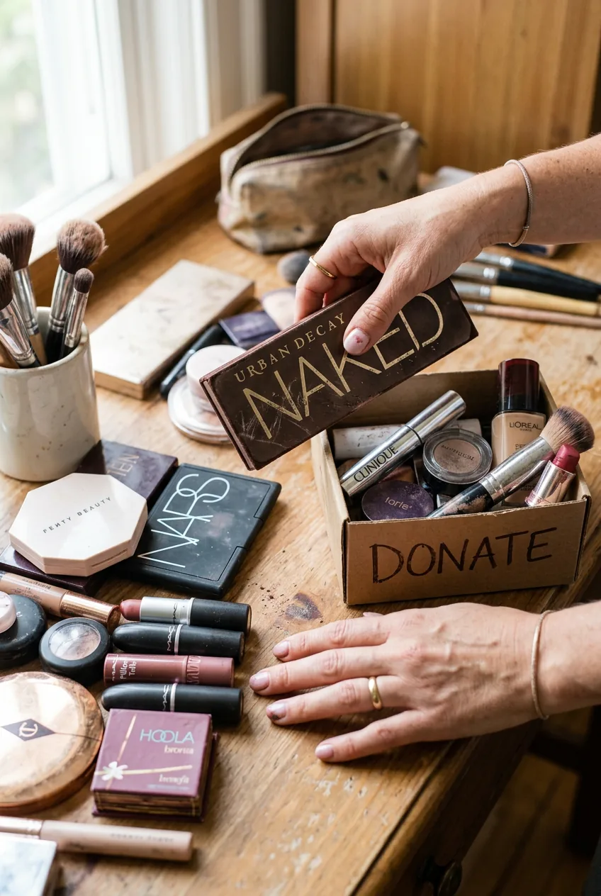 Hands sorting through makeup collection, organizing products into keep and donate piles on white surface