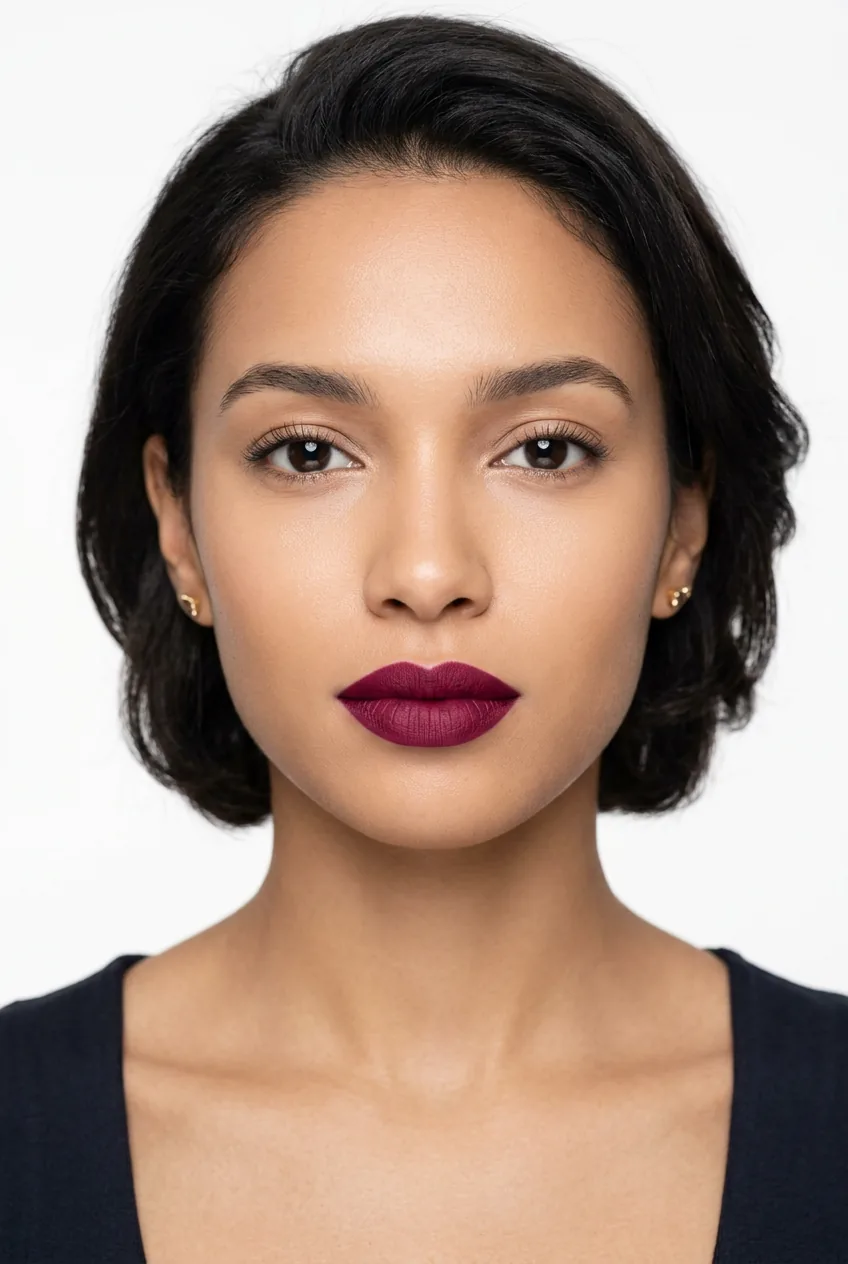 Woman with deep berry matte lipstick in rich blackberry shade against minimal makeup