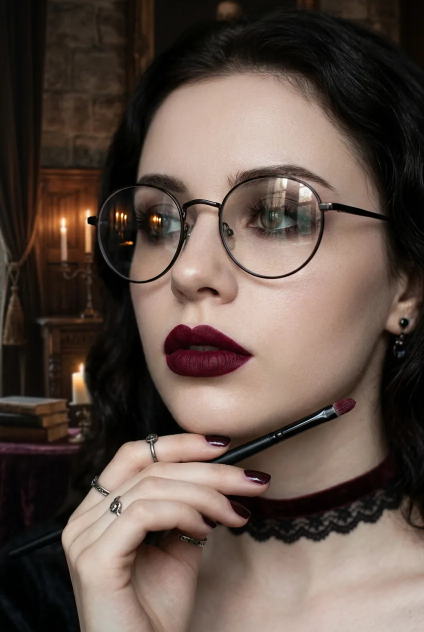 Portrait showing deep burgundy vampire lipstick application with glasses reflecting dramatic lighting