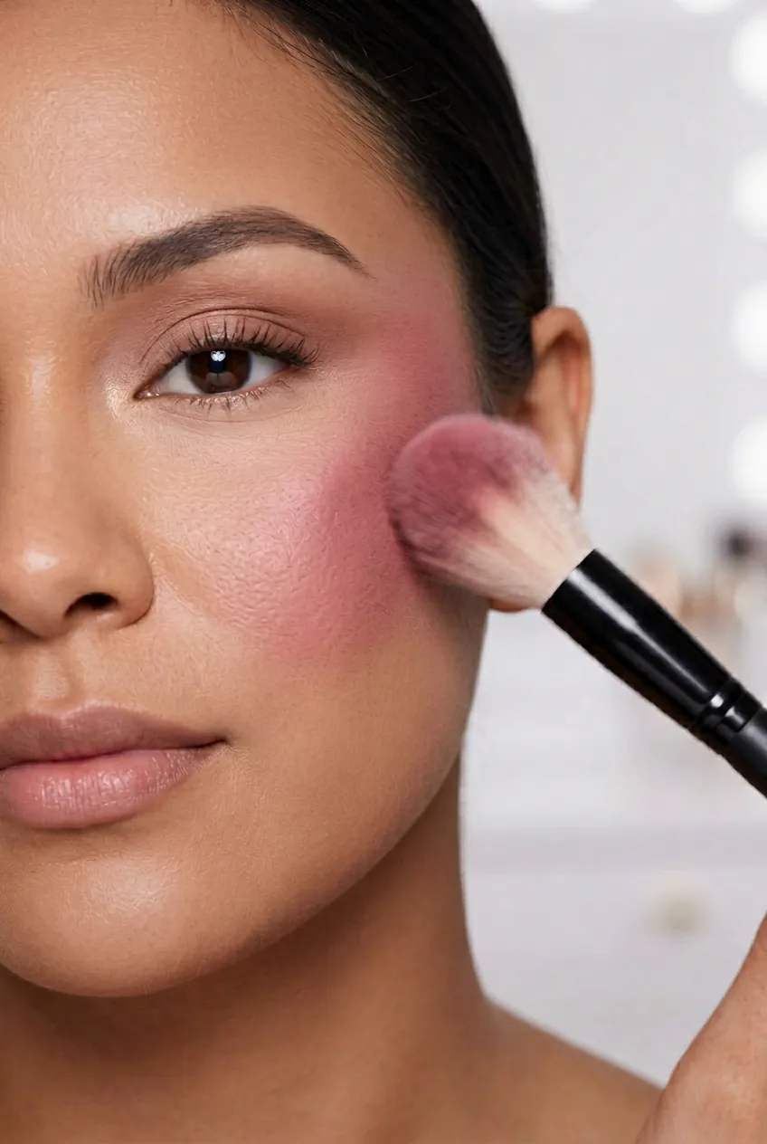 Makeup brush blending deeper pink shade at cheekbone for dimensional layered effect