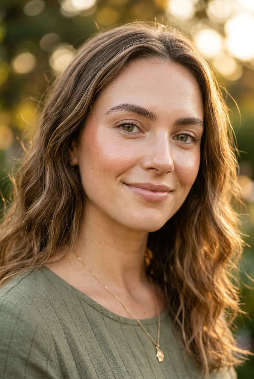 Woman with natural dewy no-makeup makeup look featuring tinted moisturizer and cream blush in golden hour