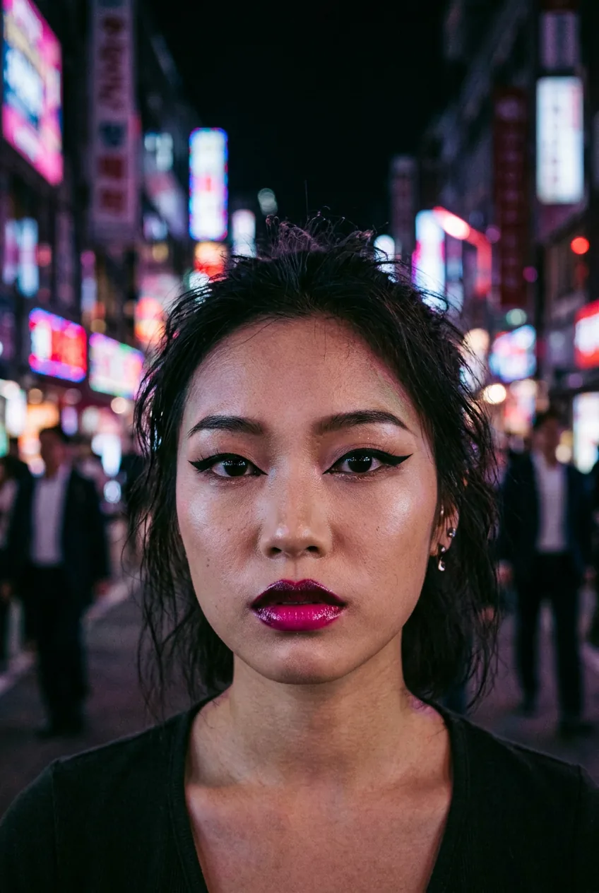 Woman wearing sharp winged eyeliner and gradient ombre lips transitioning from berry to pink