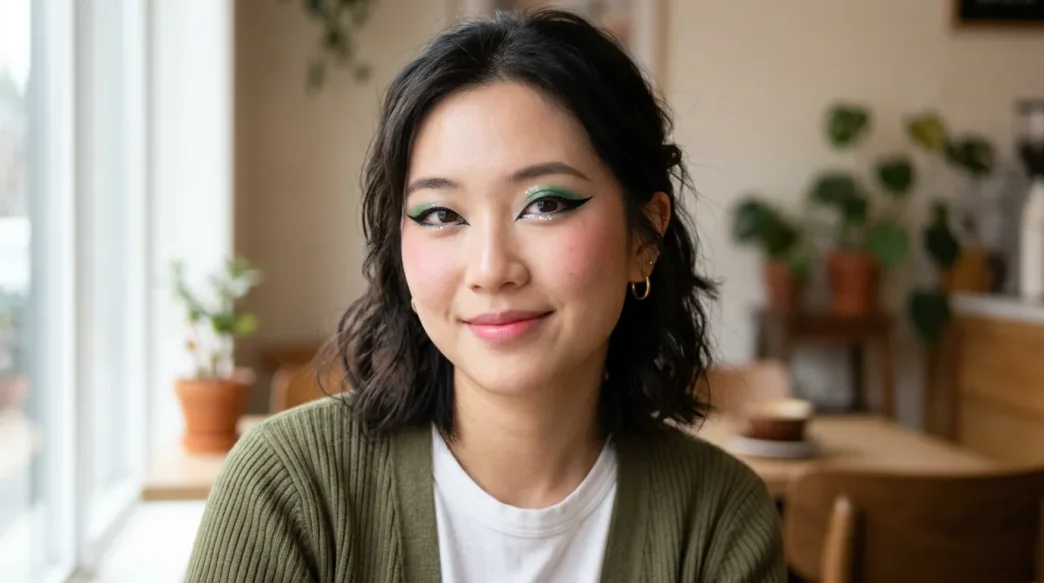 Woman with bold douyin-inspired makeup featuring graphic eyeliner and vibrant color combinations in natural lighting