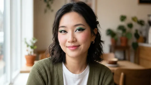 Woman with bold douyin-inspired makeup featuring graphic eyeliner and vibrant color combinations in natural lighting