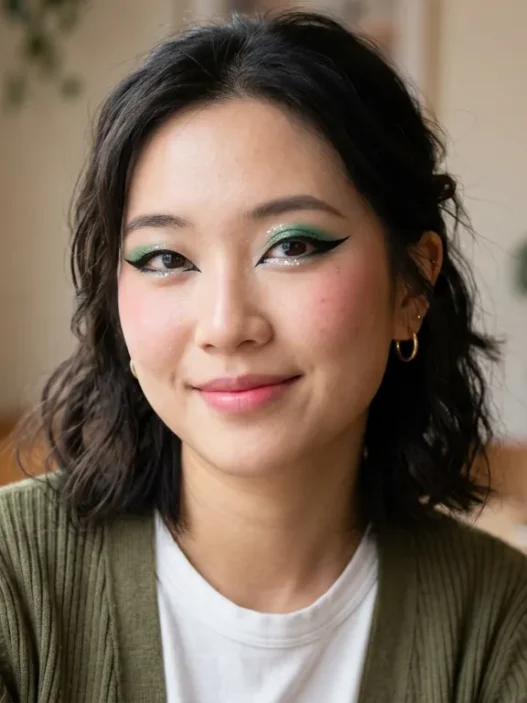 Woman with bold douyin-inspired makeup featuring graphic eyeliner and vibrant color combinations in natural lighting
