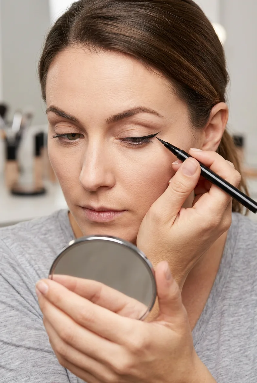 Woman looking down into handheld mirror while applying eyeliner showing proper positioning technique