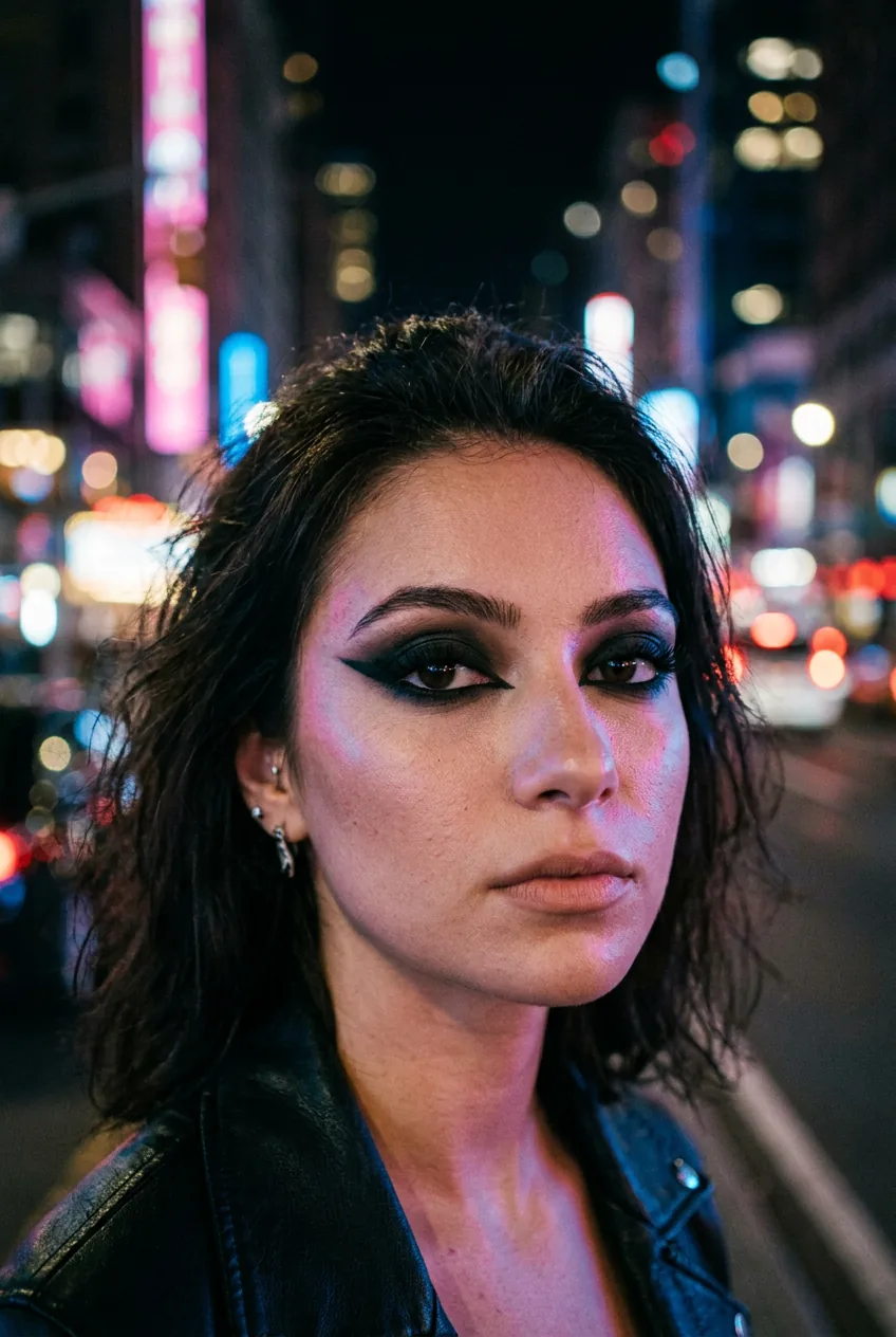 Close-up of woman with heavy black eyeliner and dark smoky eyeshadow in urban nighttime setting