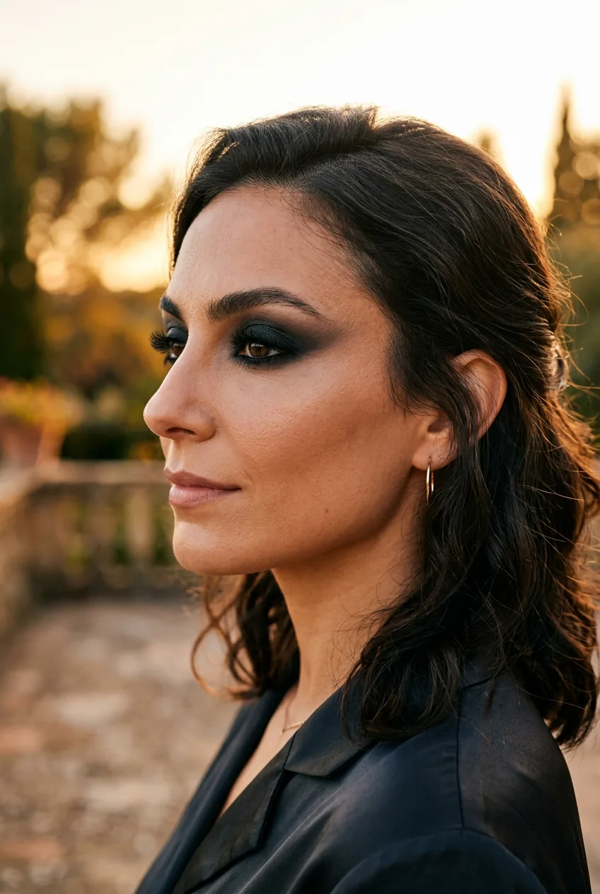 Side profile of woman wearing dramatic black smoky eye makeup in golden hour lighting