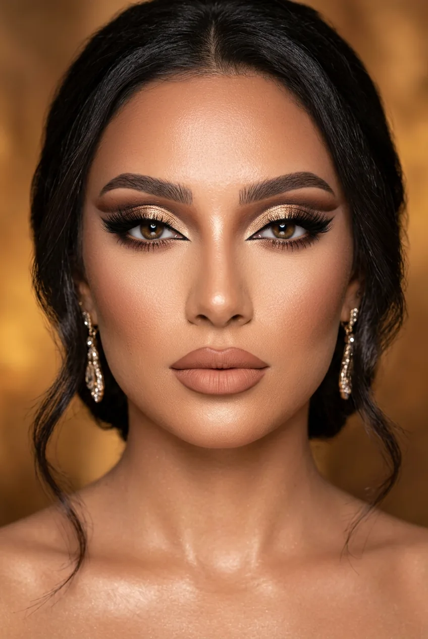 Woman with dramatic cut crease eyeshadow and full glamour makeup including false lashes and contoured cheekbones