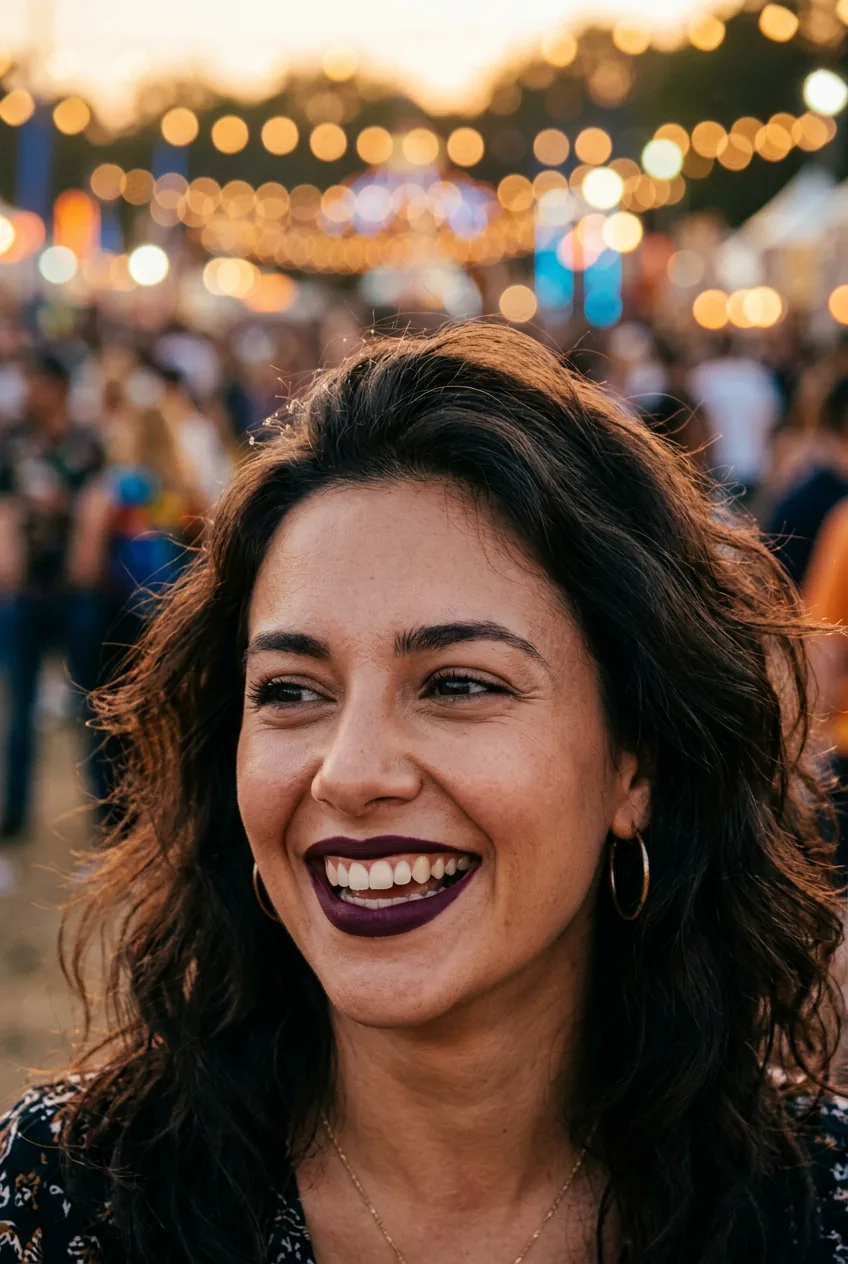 Woman wearing dramatic dark lipstick with confident empowered expression in evening light