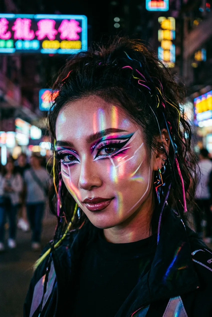 Woman wearing bold dramatic douyin makeup with sharp graphic elements for evening look