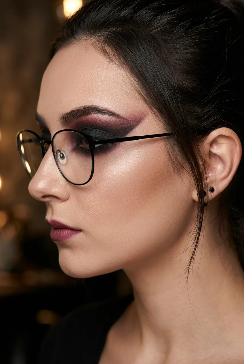 Side profile of woman in glasses with dark vampire eyeshadow extending high above frame line