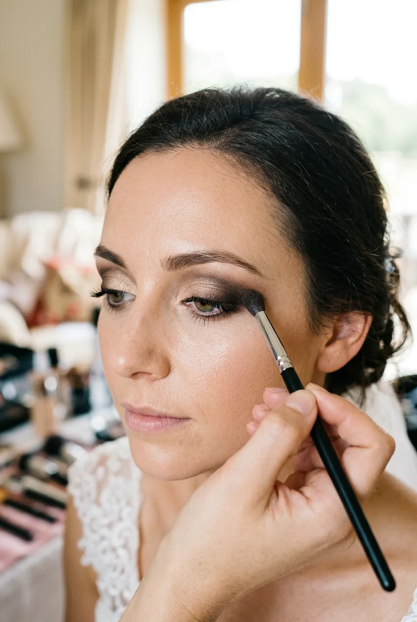 Bride's eye with dramatic eyeshadow application showing makeup brush applying deeper crease color