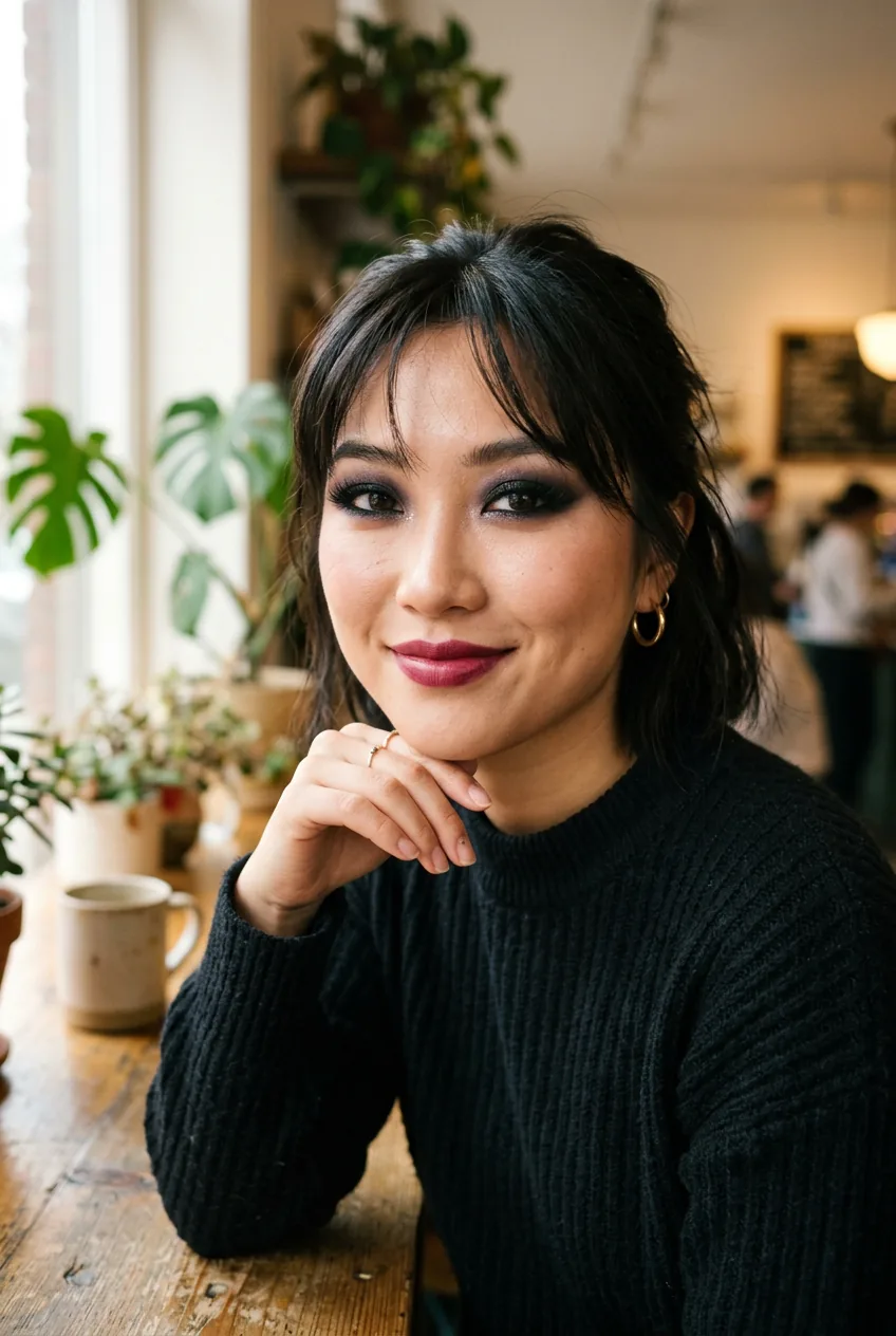 Woman with dramatic dark smoky eyes and berry lips showing bold douyin makeup artistry
