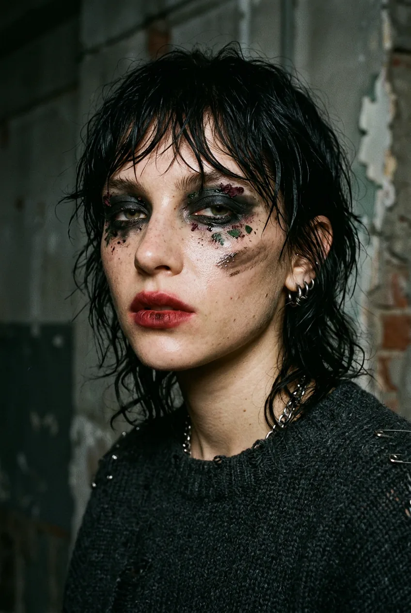 Avant-garde editorial grunge makeup showing unexpected textures and contrasts in artistic lighting