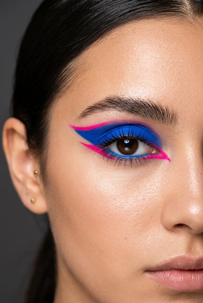 Woman wearing bold electric blue and hot pink experimental eyeshadow makeup
