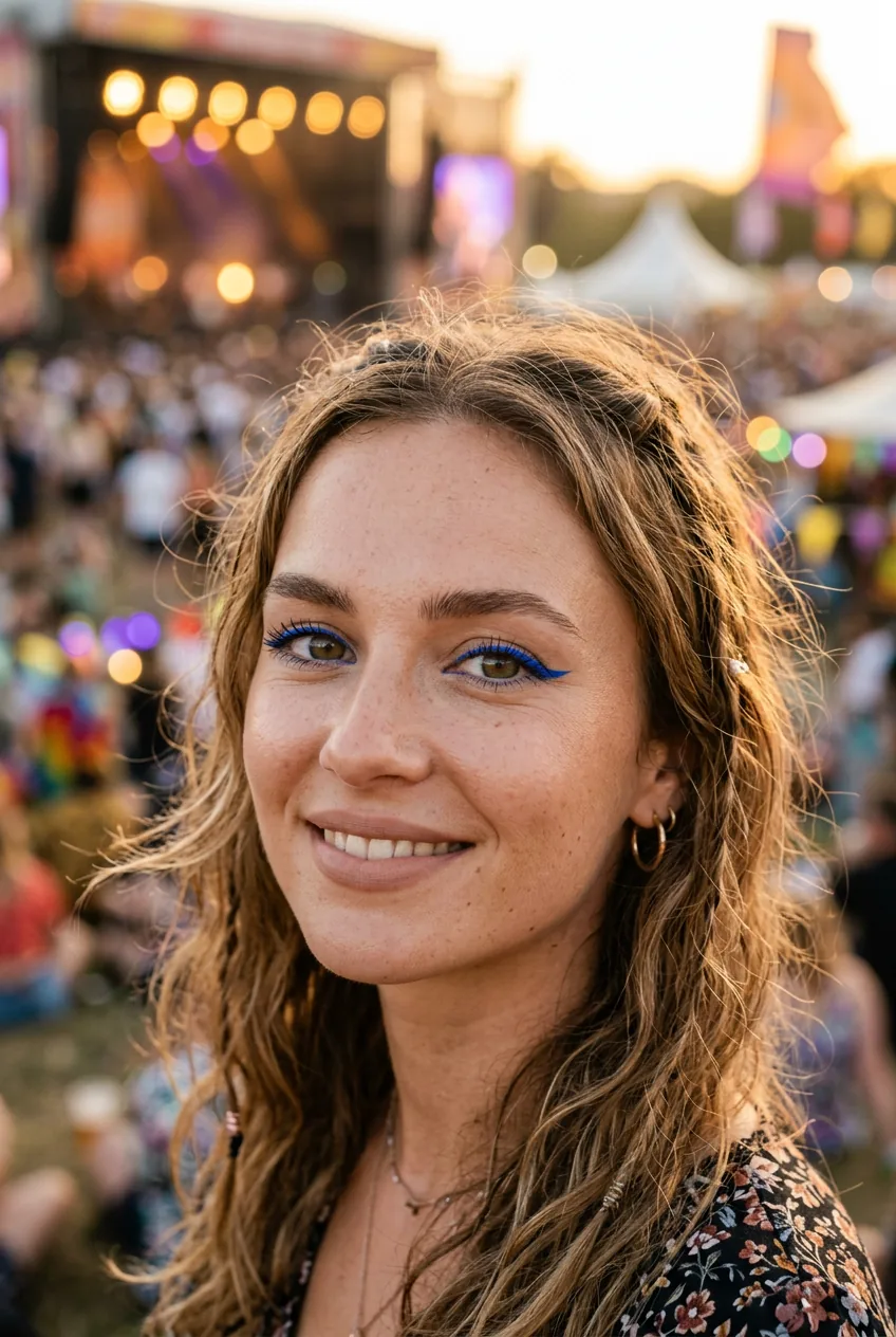 Close-up of woman wearing electric blue eyeliner with golden hour lighting and festival bokeh