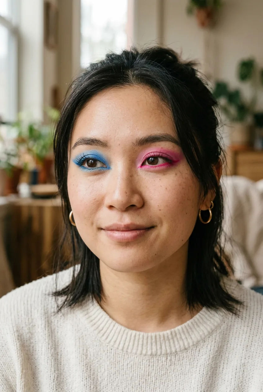 Woman wearing creative asymmetrical eyeshadow in electric blue and hot pink with confident expression