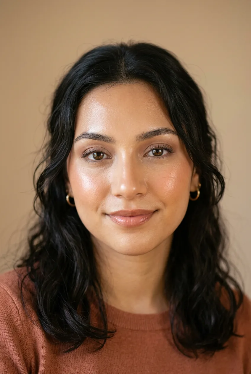 Woman with enhanced natural makeup featuring dewy skin and subtle earth tone cosmetics