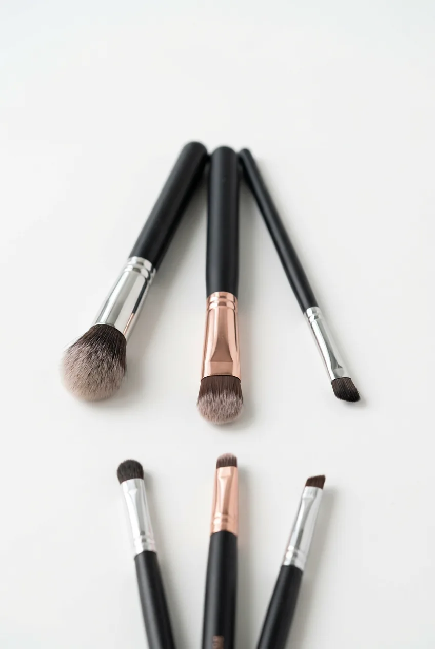 Three essential eye makeup brushes arranged on white surface showing fluffy blender, shader, and detail brush