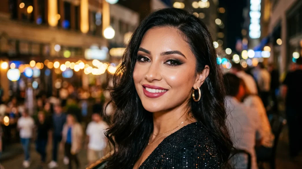 Woman with dramatic evening smokey eye makeup and warm city lighting behind her
