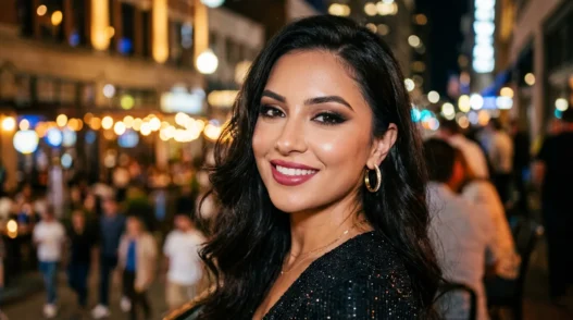 Woman with dramatic evening smokey eye makeup and warm city lighting behind her