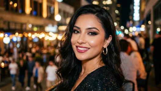Woman with dramatic evening smokey eye makeup and warm city lighting behind her