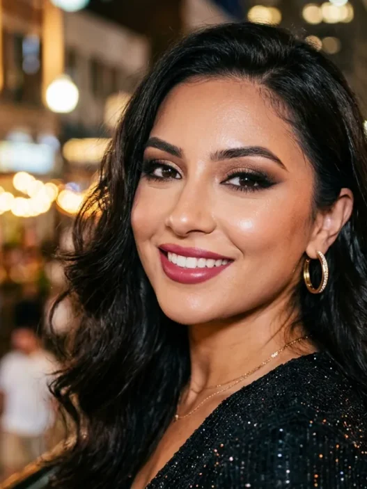 Woman with dramatic evening smokey eye makeup and warm city lighting behind her