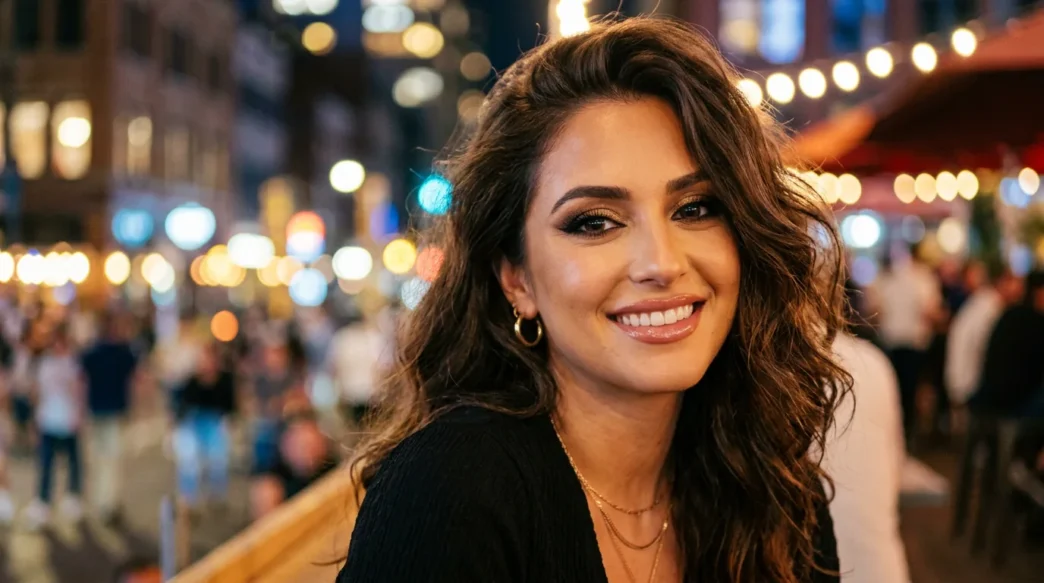 Woman with finished evening glam makeup featuring smokey eyes in warm city lighting