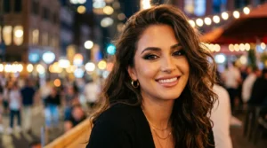 Woman with finished evening glam makeup featuring smokey eyes in warm city lighting