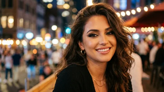 Woman with finished evening glam makeup featuring smokey eyes in warm city lighting