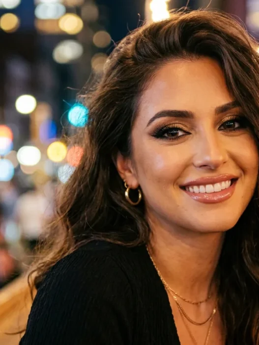 Woman with finished evening glam makeup featuring smokey eyes in warm city lighting