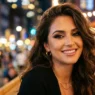 Woman with finished evening glam makeup featuring smokey eyes in warm city lighting
