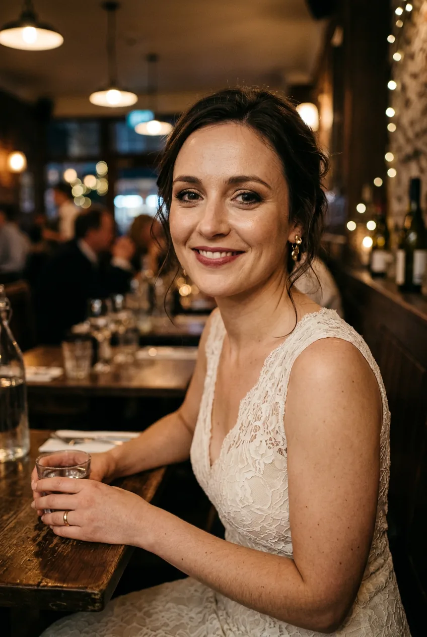 Evening portrait of woman with day-long worn bridal makeup in restaurant lighting
