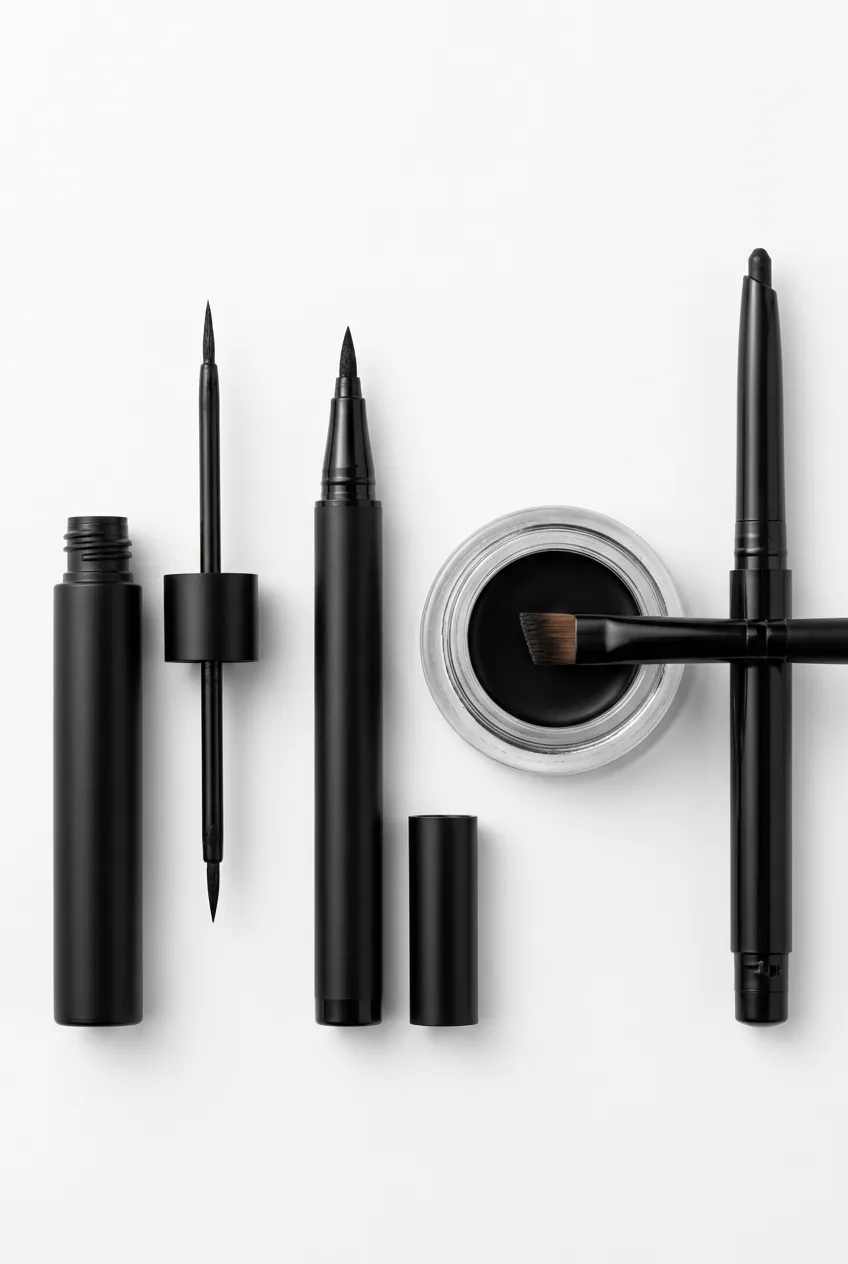 Various eyeliner applicators including brush tip liquid liner, gel pot with angled brush, and felt tip pen