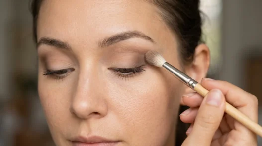 Woman holding fluffy blending brush with proper grip while applying neutral eyeshadow in natural lighting