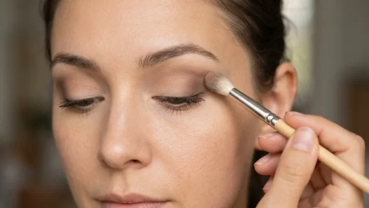 Woman holding fluffy blending brush with proper grip while applying neutral eyeshadow in natural lighting