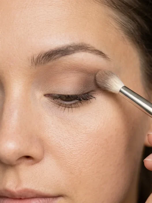 Woman holding fluffy blending brush with proper grip while applying neutral eyeshadow in natural lighting