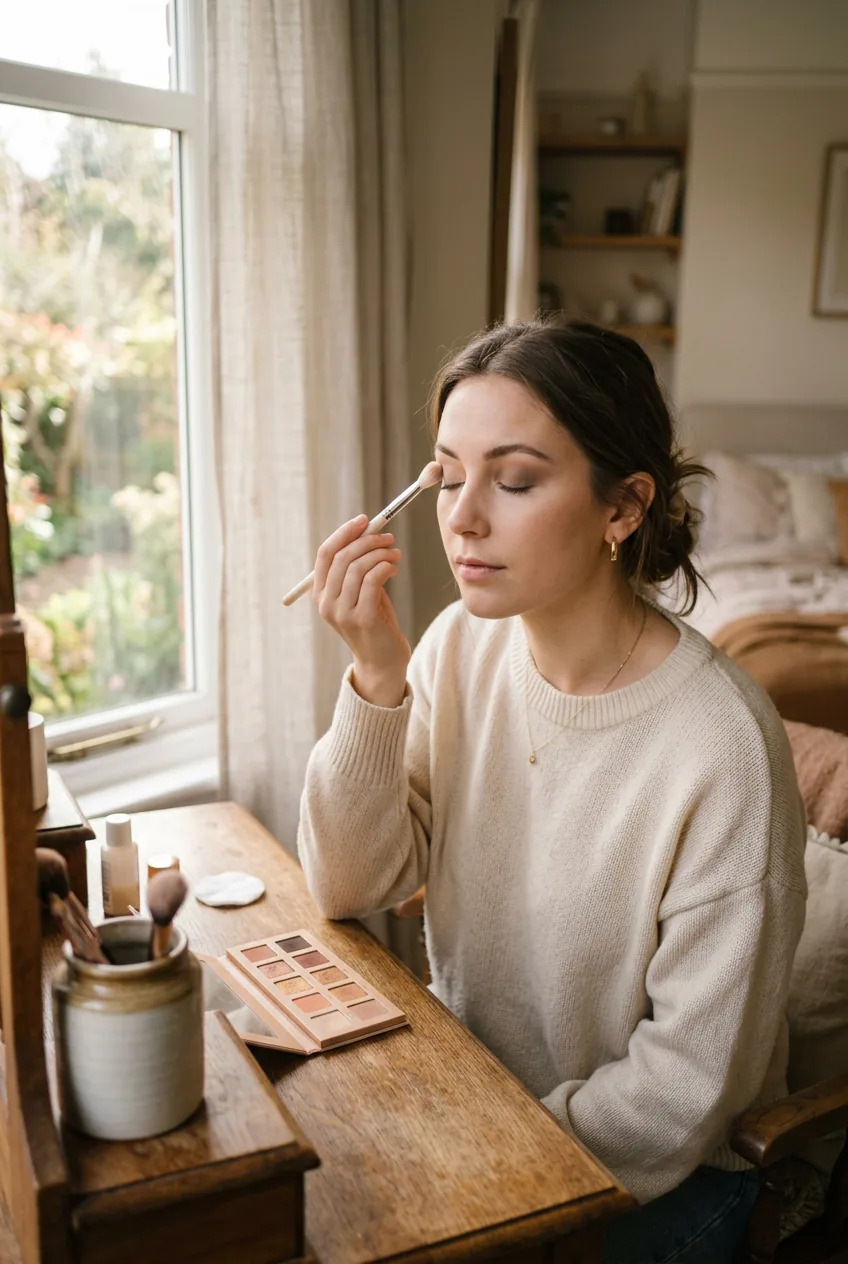 Woman applying eyeshadow with fluffy brush at makeup vanity in gentle morning lighting