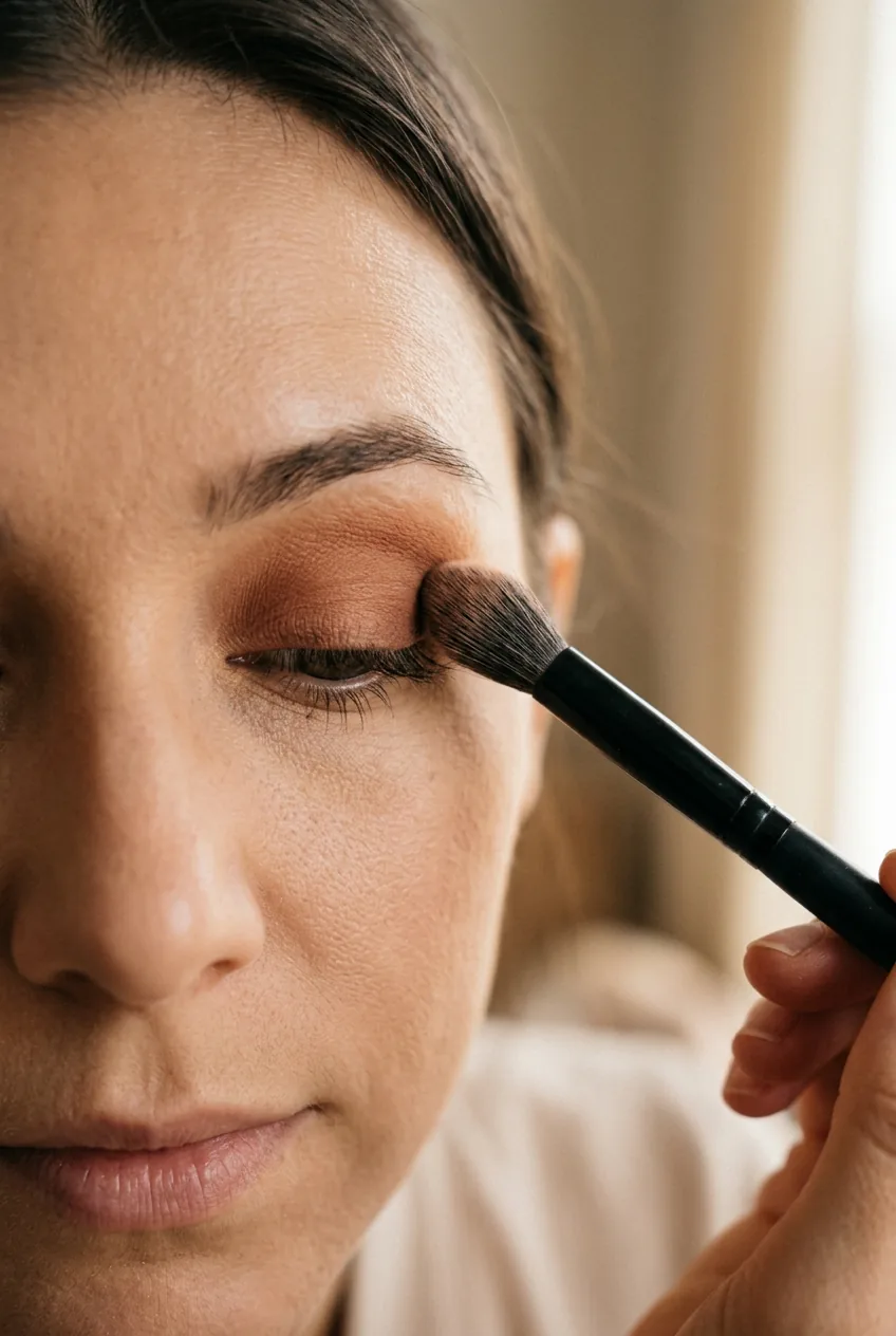 Woman applying eyeshadow with professional brush showing makeup application technique