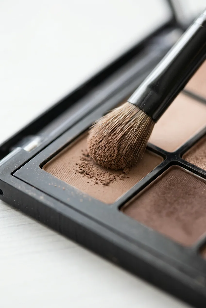 Fluffy makeup brush picking up brown eyeshadow from drugstore palette in macro detail