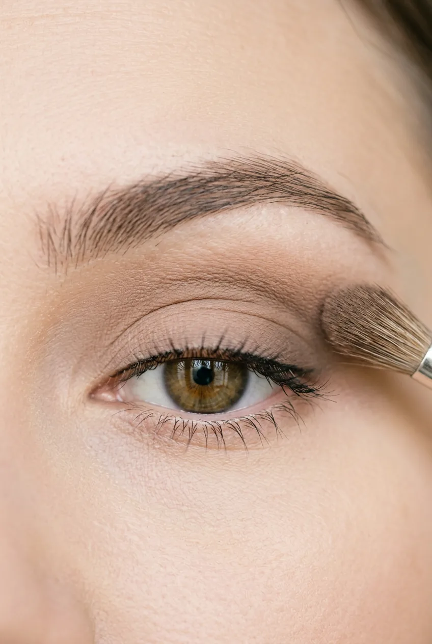 Neutral eyeshadow being blended into crease area demonstrating color application method