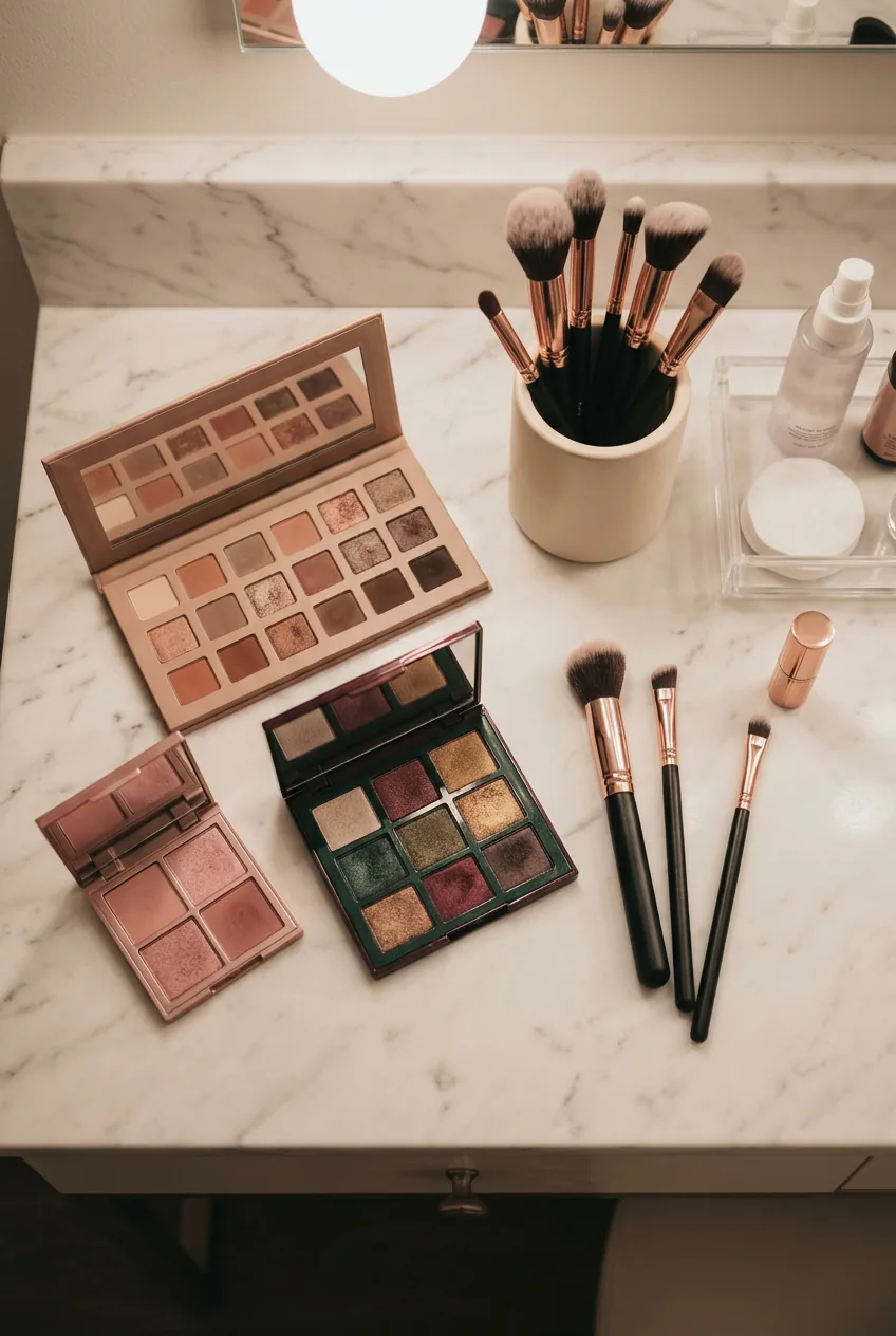 Collection of eyeshadow palettes and brushes organized on white marble vanity surface