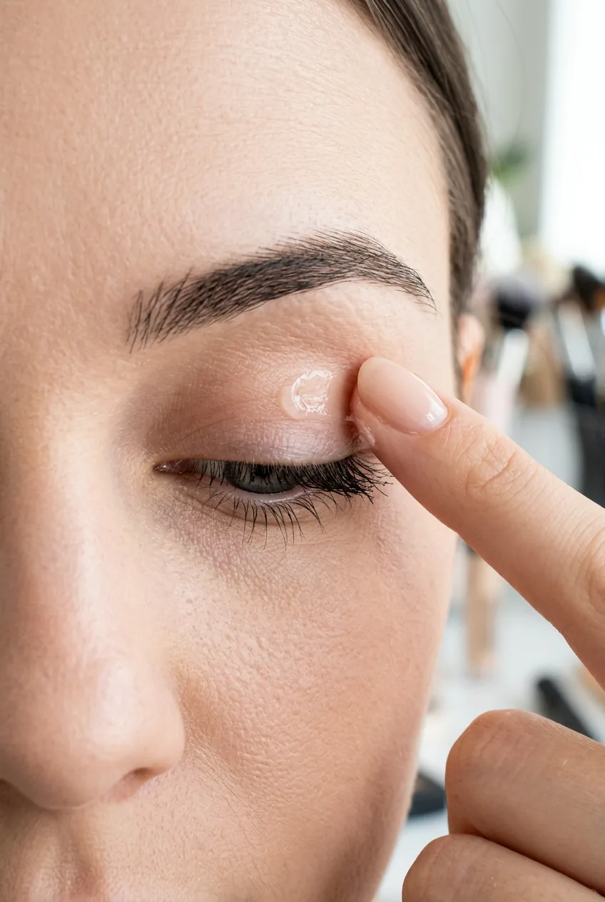 Clear eyeshadow primer being applied to clean eyelid with finger for makeup base