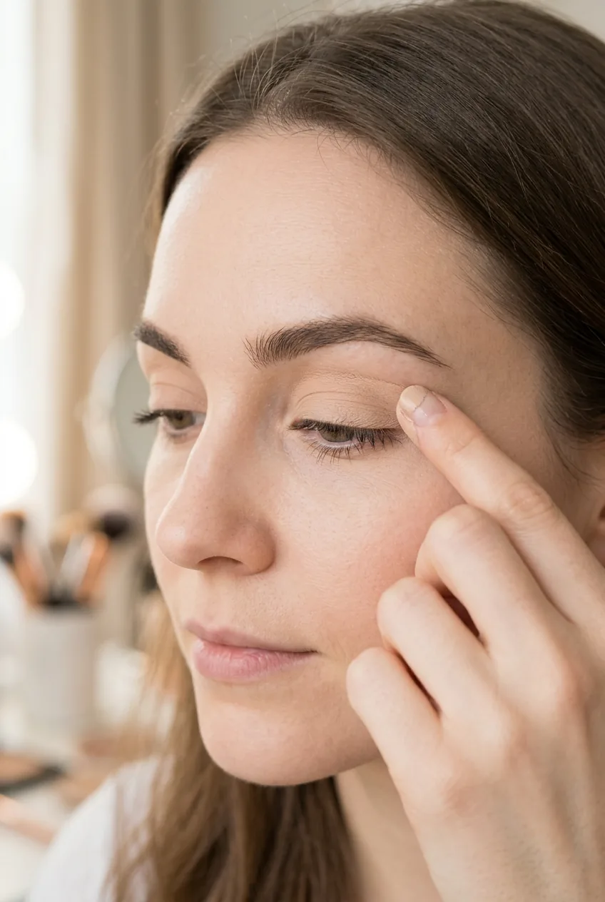 Finger applying clear eyeshadow primer smoothly across eyelid in preparation for dark makeup application