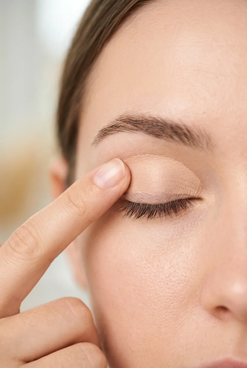 Fingertip applying eyeshadow primer to create smooth base layer on eyelid before liner application