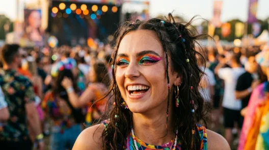 Woman with vibrant bold makeup at outdoor festival with warm lighting and crowd bokeh