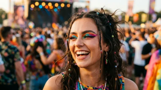 Woman with vibrant bold makeup at outdoor festival with warm lighting and crowd bokeh